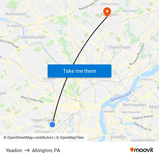 Yeadon to Abington, PA map