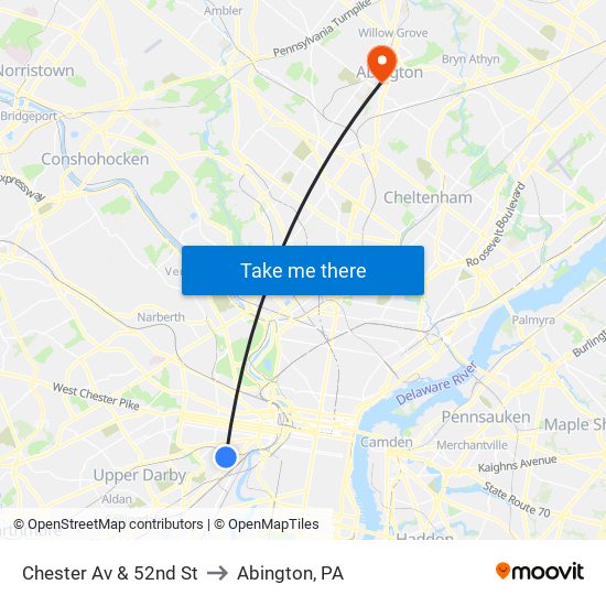 Chester Av & 52nd St to Abington, PA map