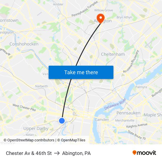 Chester Av & 46th St to Abington, PA map