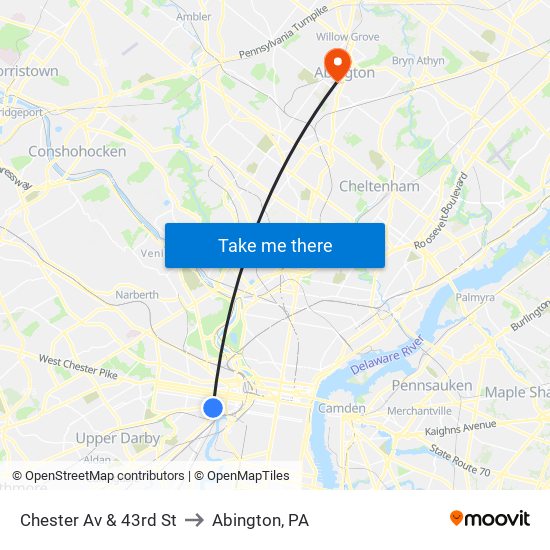 Chester Av & 43rd St to Abington, PA map