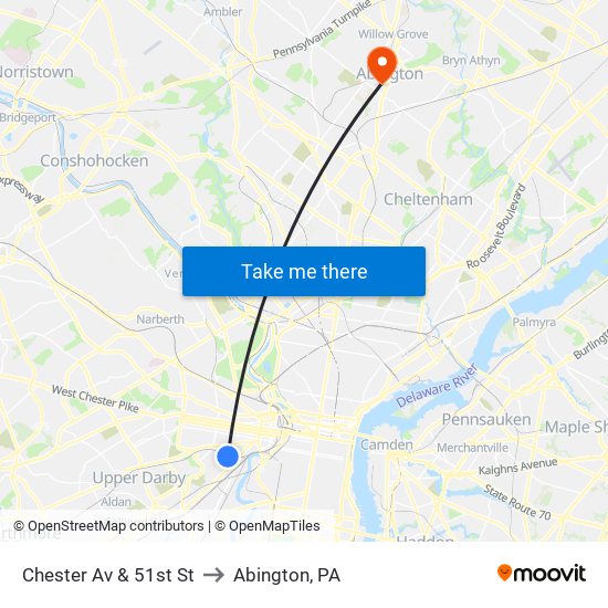Chester Av & 51st St to Abington, PA map
