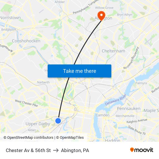 Chester Av & 56th St to Abington, PA map