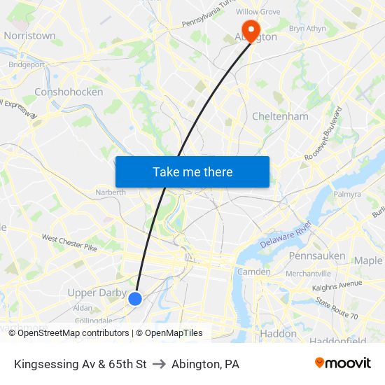 Kingsessing Av & 65th St to Abington, PA map