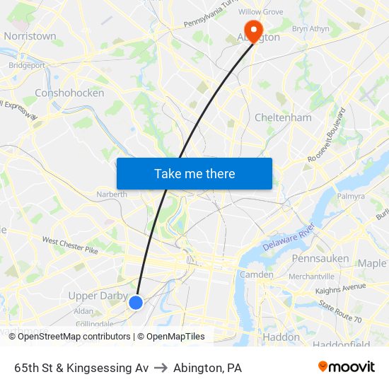 65th St & Kingsessing Av to Abington, PA map