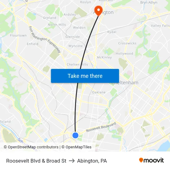 Roosevelt Blvd & Broad St to Abington, PA map