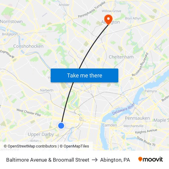 Baltimore Avenue & Broomall Street to Abington, PA map