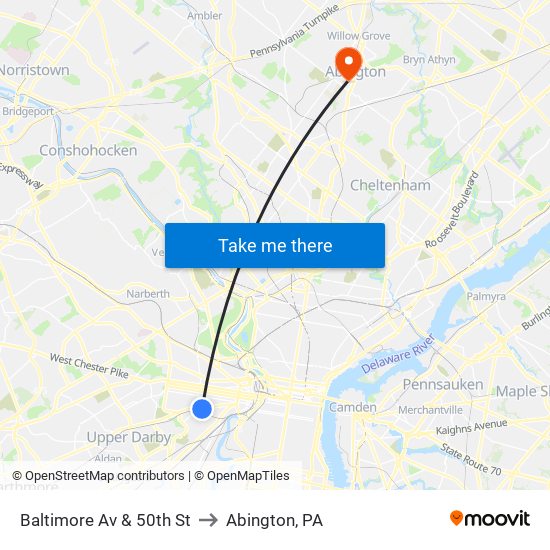 Baltimore Av & 50th St to Abington, PA map