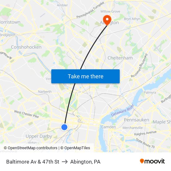 Baltimore Av & 47th St to Abington, PA map