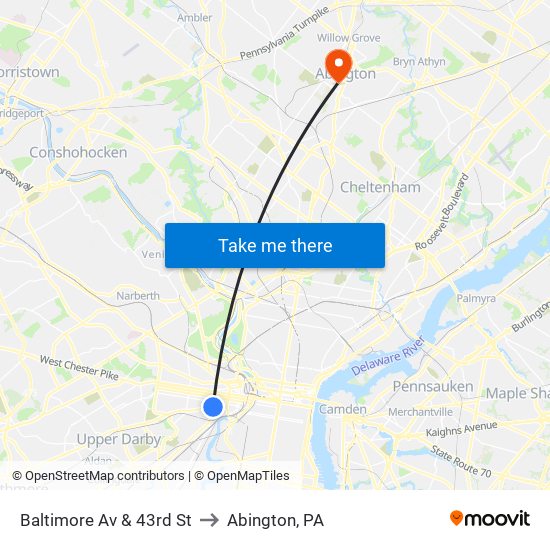 Baltimore Av & 43rd St to Abington, PA map