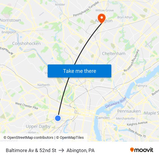 Baltimore Av & 52nd St to Abington, PA map