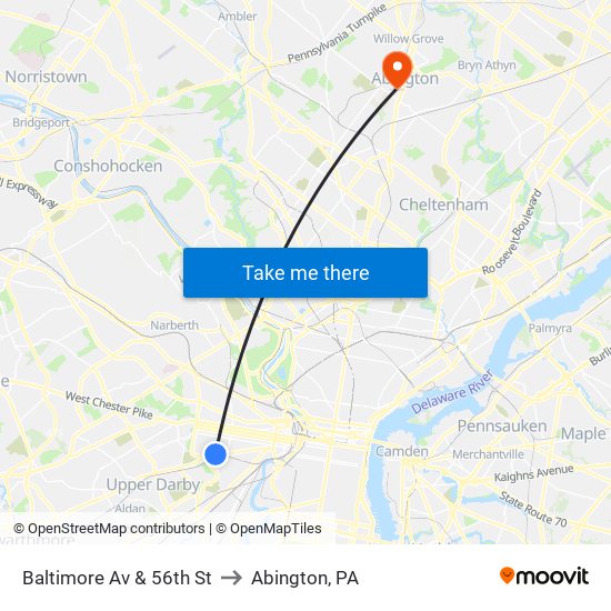 Baltimore Av & 56th St to Abington, PA map