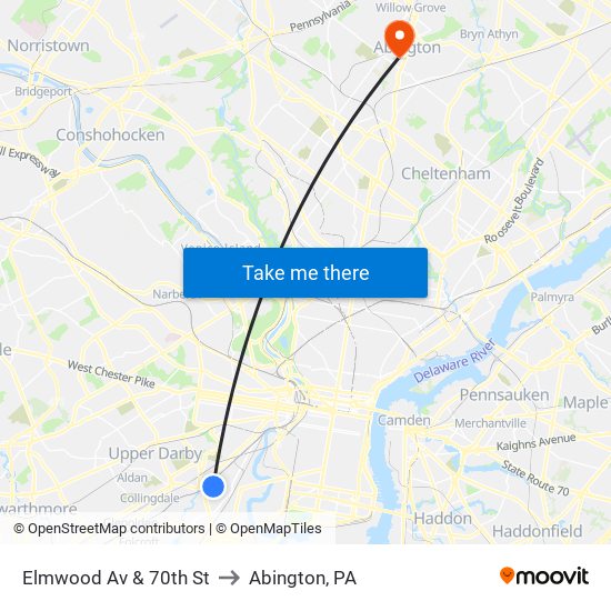 Elmwood Av & 70th St to Abington, PA map