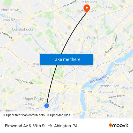 Elmwood Av & 69th St to Abington, PA map