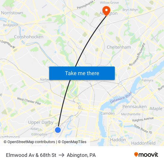 Elmwood Av & 68th St to Abington, PA map