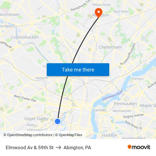 Elmwood Av & 59th St to Abington, PA map