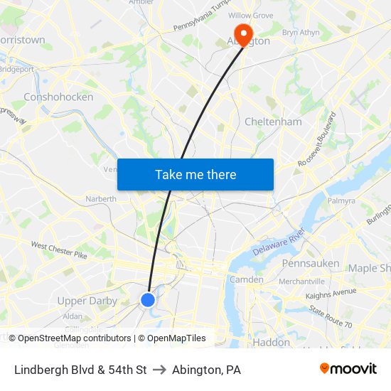 Lindbergh Blvd & 54th St to Abington, PA map