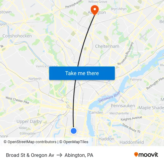 Broad St & Oregon Av to Abington, PA map