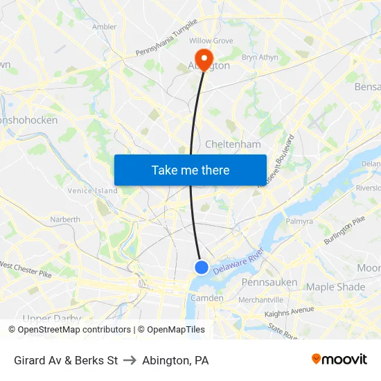 Girard Av & Berks St to Abington, PA map