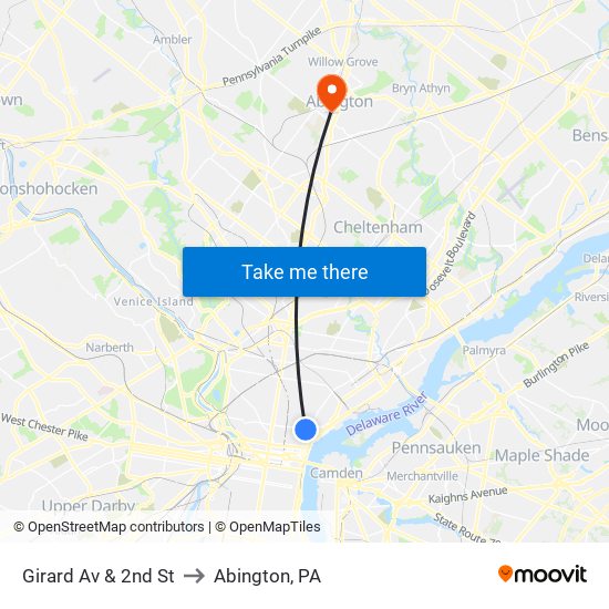 Girard Av & 2nd St to Abington, PA map
