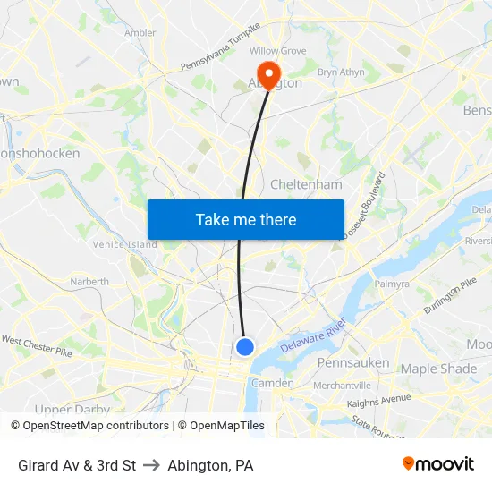 Girard Av & 3rd St to Abington, PA map