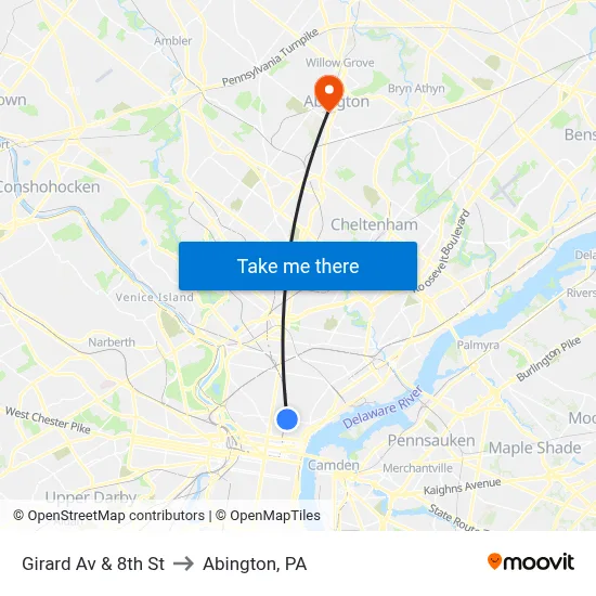 Girard Av & 8th St to Abington, PA map