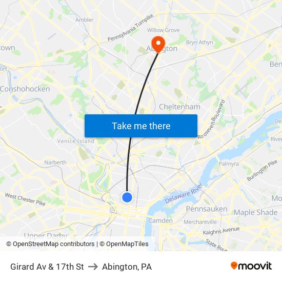 Girard Av & 17th St to Abington, PA map