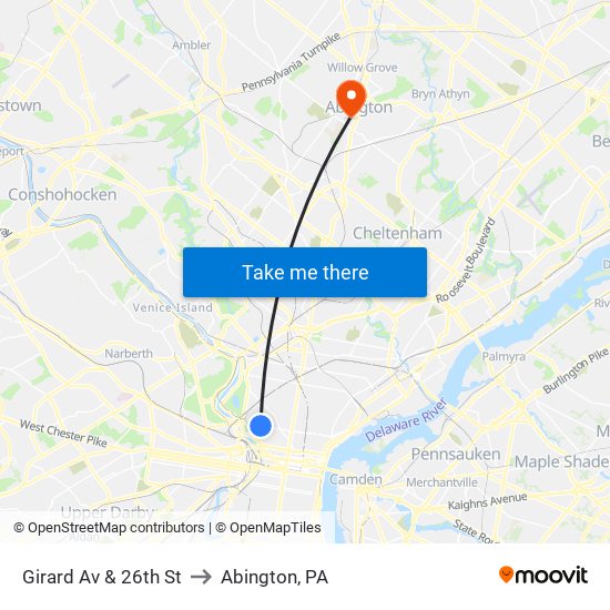 Girard Av & 26th St to Abington, PA map
