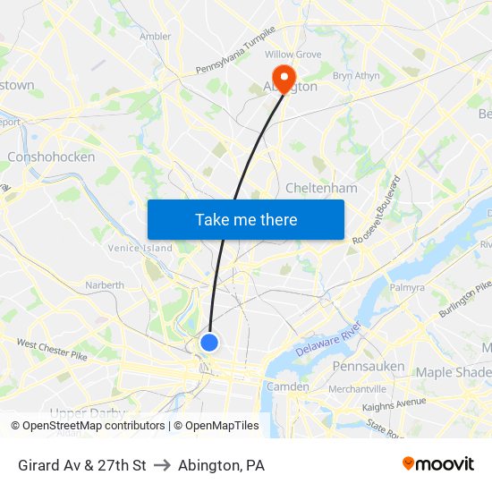 Girard Av & 27th St to Abington, PA map