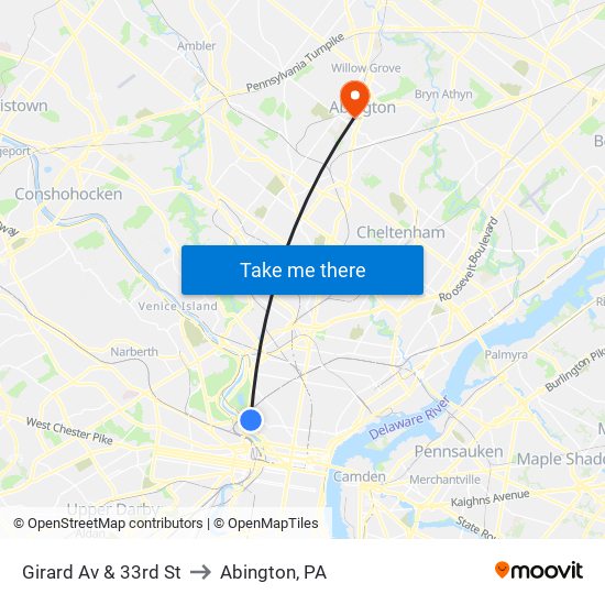Girard Av & 33rd St to Abington, PA map