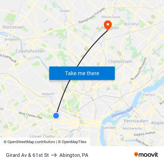 Girard Av & 61st St to Abington, PA map