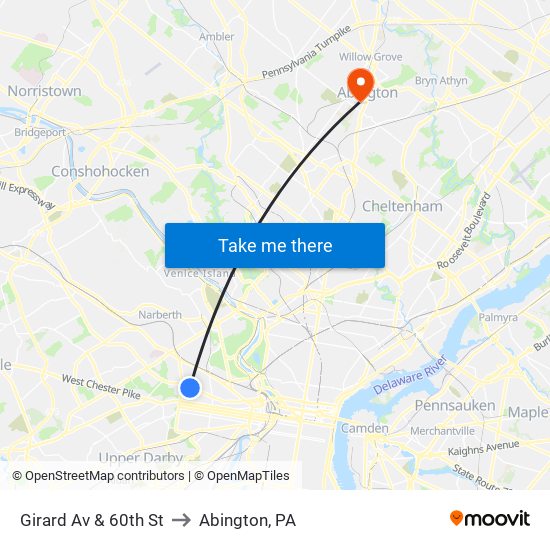 Girard Av & 60th St to Abington, PA map