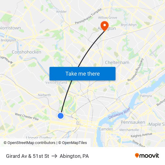 Girard Av & 51st St to Abington, PA map
