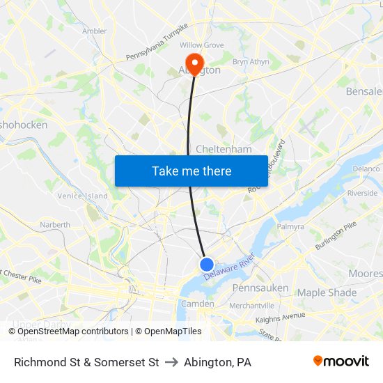 Richmond St & Somerset St to Abington, PA map