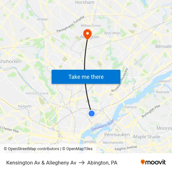 Kensington Av & Allegheny Av to Abington, PA map