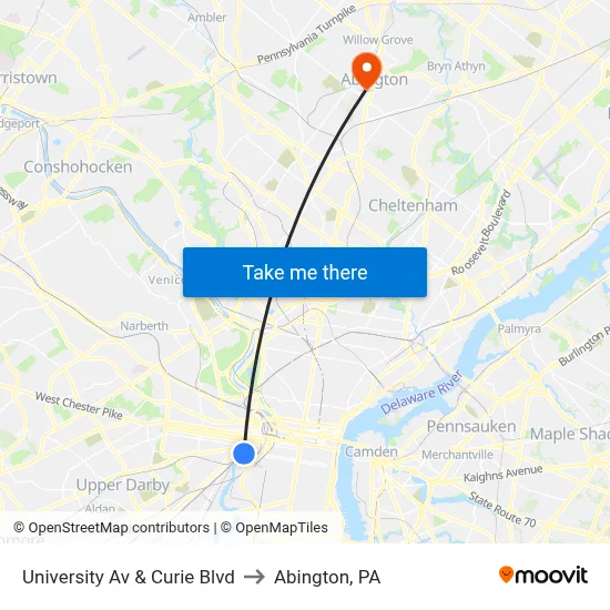 University Av & Curie Blvd to Abington, PA map