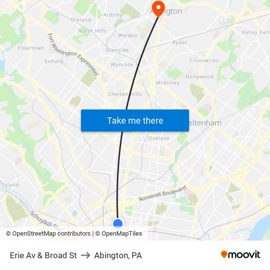 Erie Av & Broad St to Abington, PA map