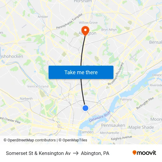 Somerset St & Kensington Av to Abington, PA map