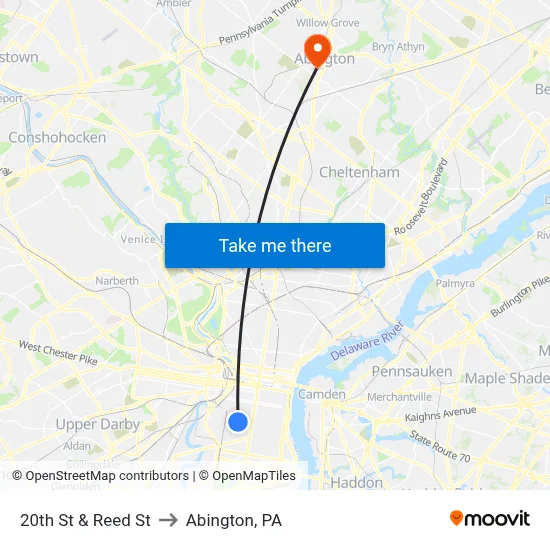20th St & Reed St to Abington, PA map