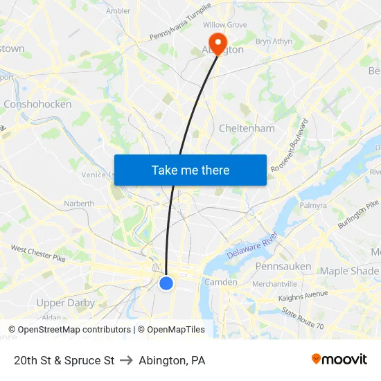 20th St & Spruce St to Abington, PA map