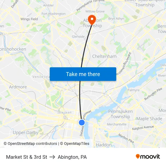 Market St & 3rd St to Abington, PA map