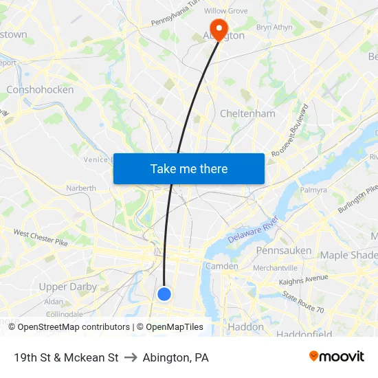 19th St & Mckean St to Abington, PA map