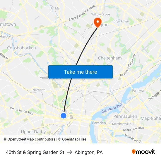 40th St & Spring Garden St to Abington, PA map