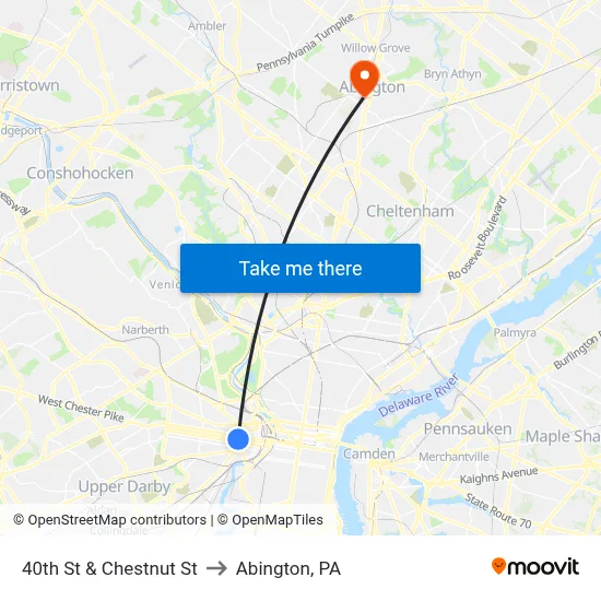 40th St & Chestnut St to Abington, PA map