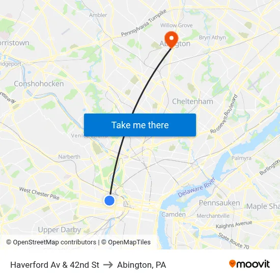 Haverford Av & 42nd St to Abington, PA map
