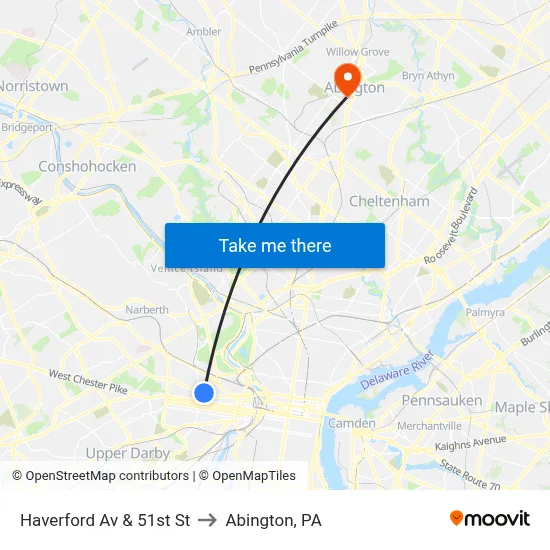 Haverford Av & 51st St to Abington, PA map