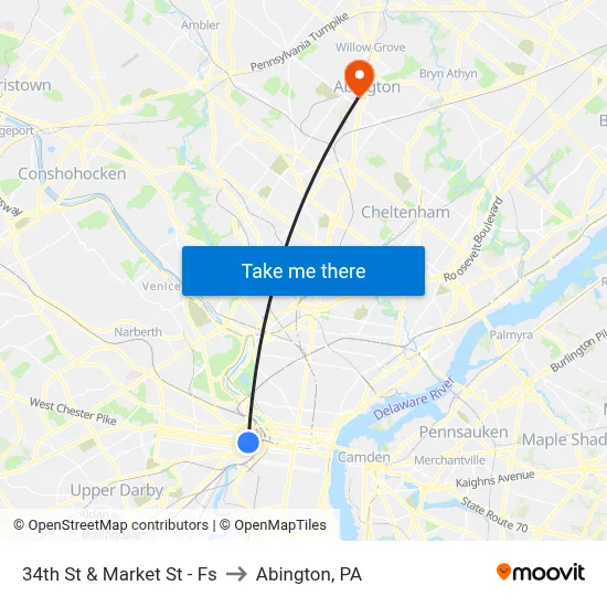 34th St & Market St - Fs to Abington, PA map