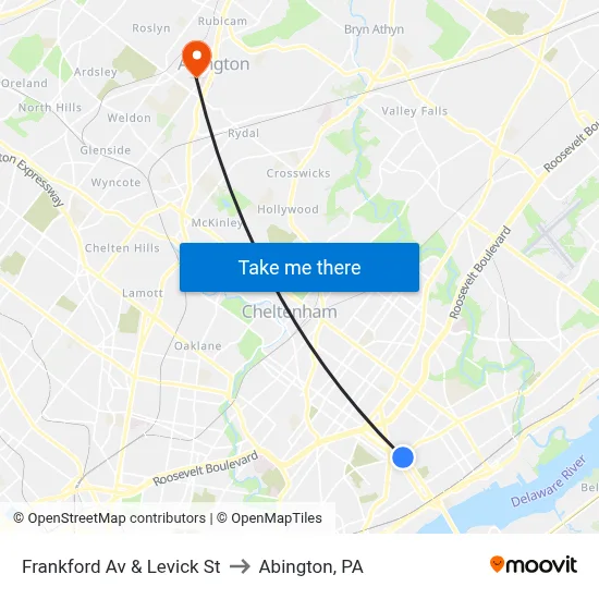 Frankford Av & Levick St to Abington, PA map