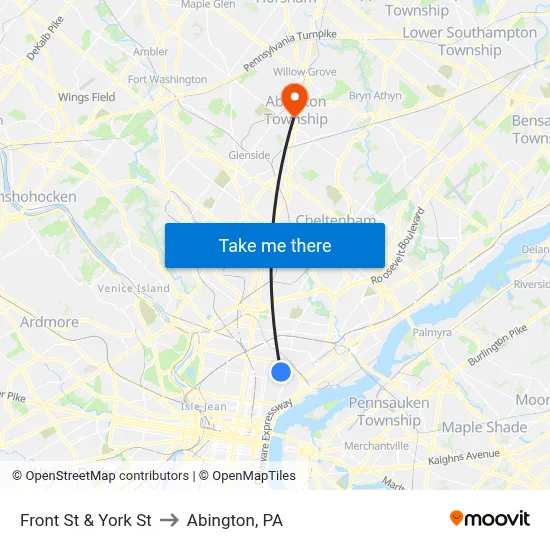 Front St & York St to Abington, PA map