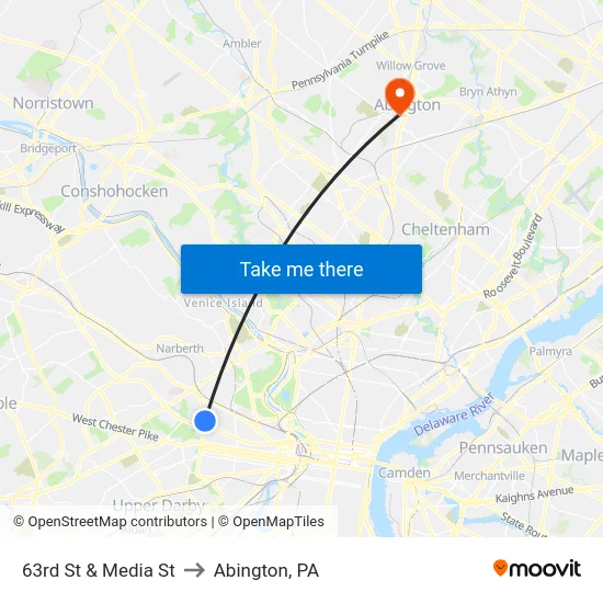 63rd St & Media St to Abington, PA map