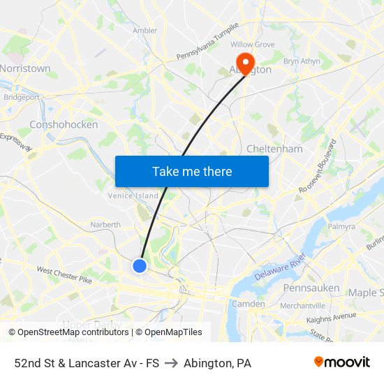 52nd St & Lancaster Av - FS to Abington, PA map